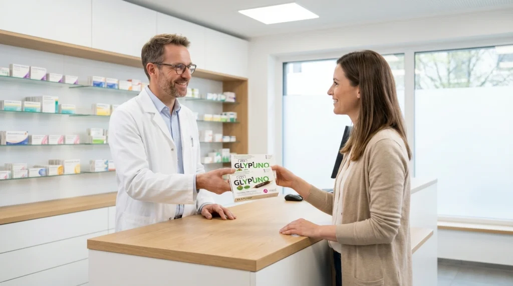 Apotheker überreicht Glypuno®-Packungen an Kundin in einer österreichischen Apotheke
