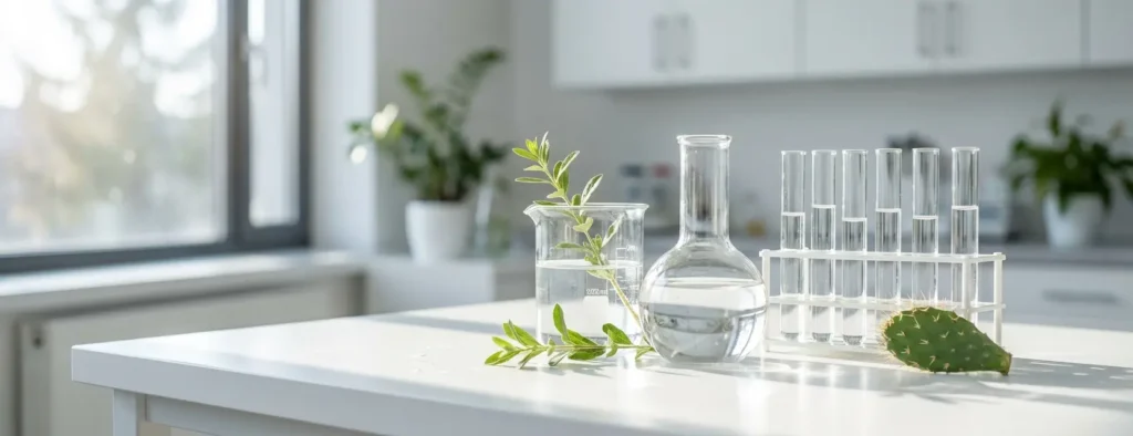 Laborähnliche Umgebung mit Glasgefäßen und pflanzlichen Elementen zur Darstellung sorgfältiger Entwicklung