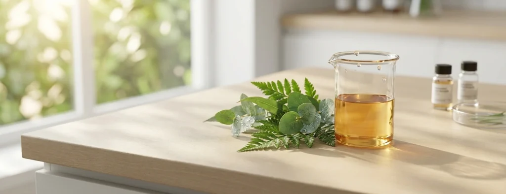 Natürliche Inhaltsstoffe von Glypuno® mit Glasgefäß und pflanzlichen Elementen auf hellem Untergrund