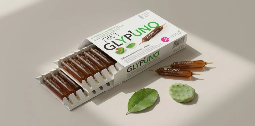 Glypuno® Verpackung und Ampullen als veganes Nahrungsergänzungsmittel ohne Zuckerzusatz