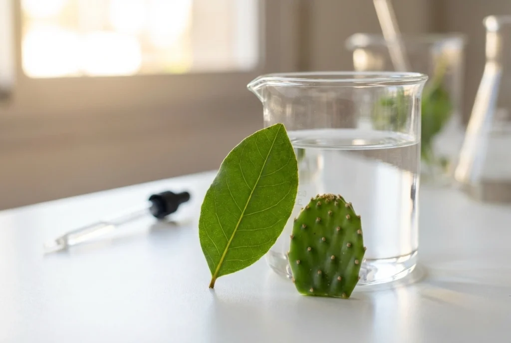 Pflanzliche Inhaltsstoffe mit Glasgefäß und natürlichem Licht auf hellem Untergrund