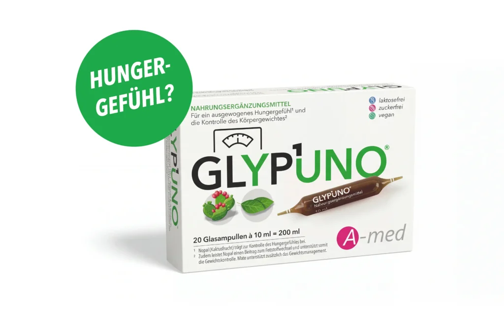 Glypuno®-Packung mit grünem Kreis Overlay auf der linken oberen Seite die fragt "Hungergefühl?"