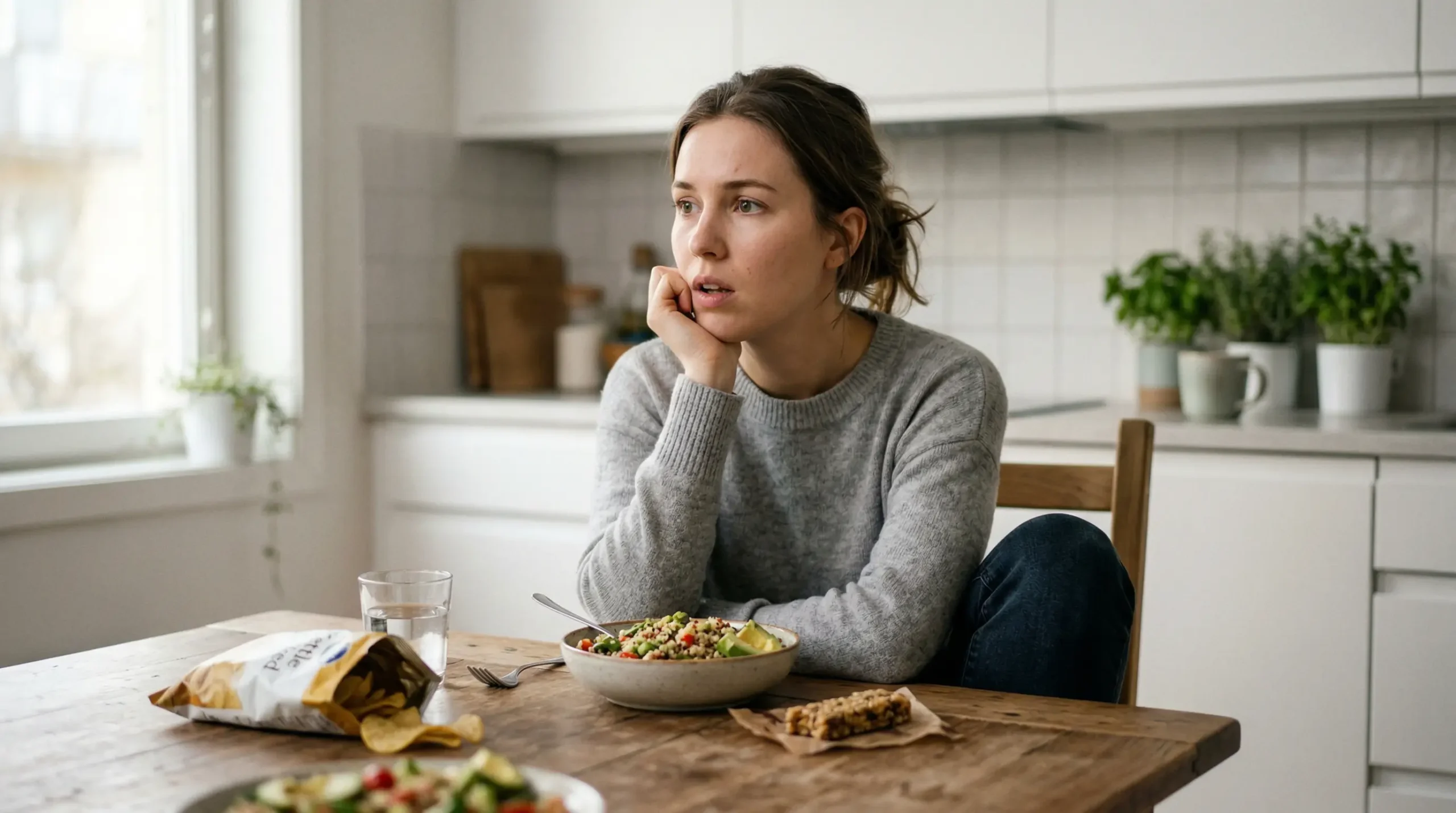 Frau sitzt am Tisch voller Essen und schaut in die Leere