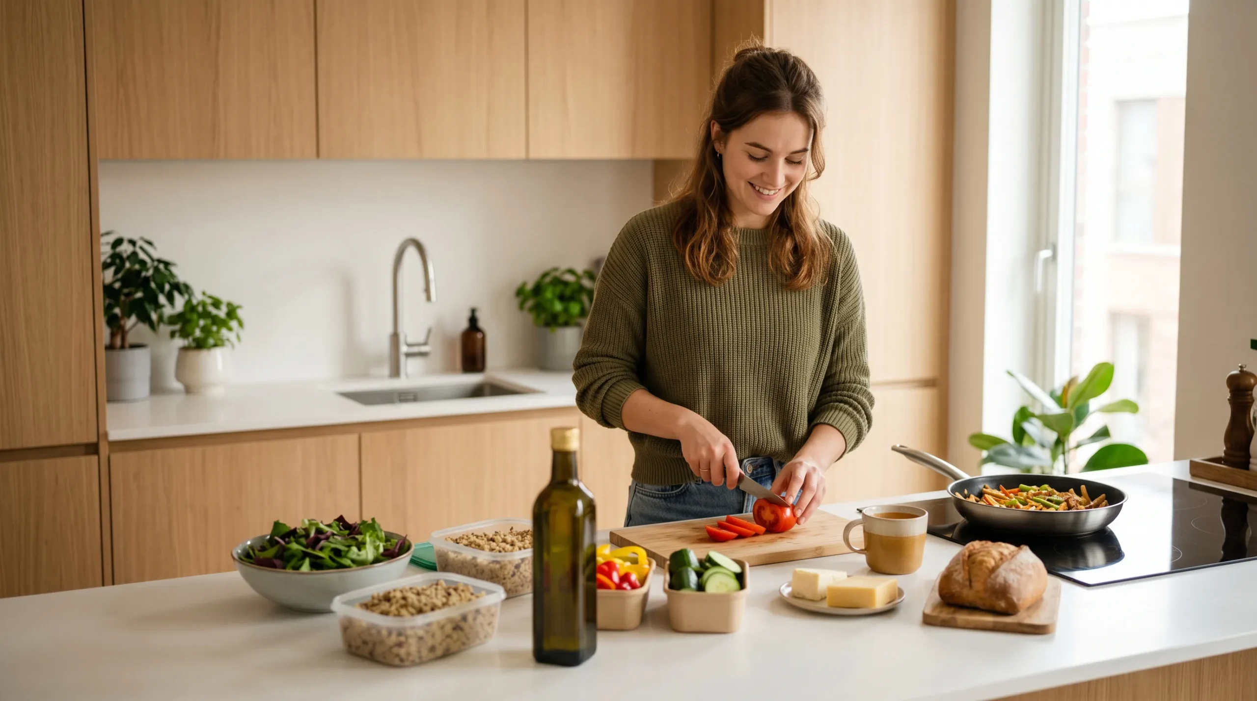 Frau steht in der Küche beim Kochen von gesundem Essen