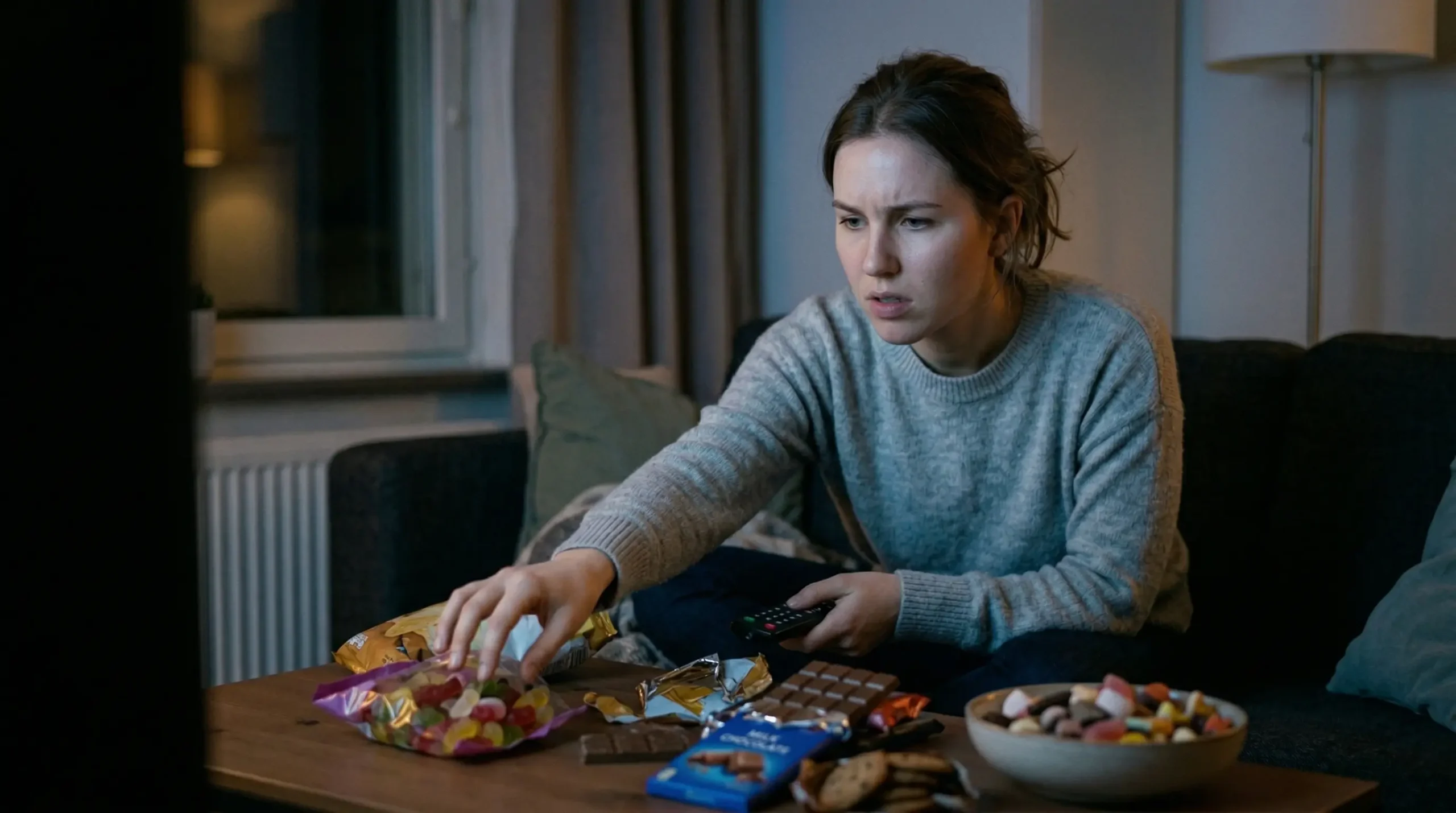 Frau sitzt auf der Couch am Abend und greift nach Snacks