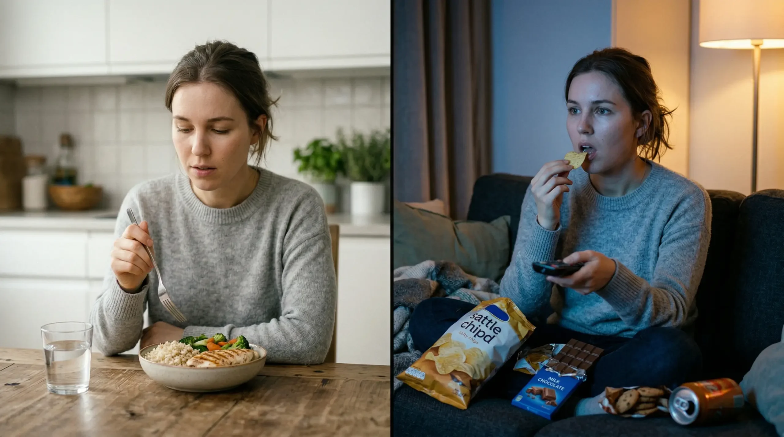 Die gleiche Frau links isst am Tag am Tisch etwas gesundes und am Abend auf der Couch etwas ungesundes. Unterschied Hunger vs. Appetit