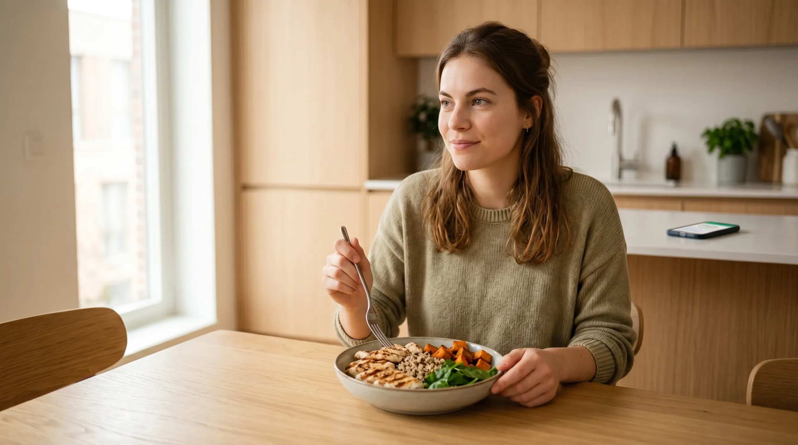Frau am Tisch während sie eine gesunde Bowl isst