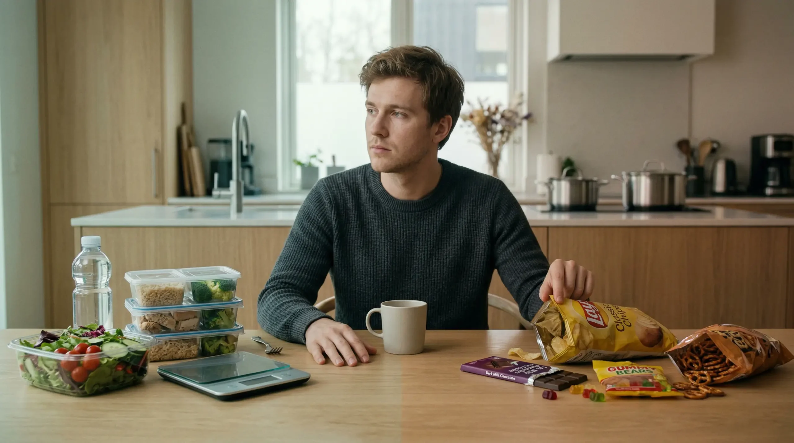 Junger Mann sitzt am Tisch wo links gesundes und rechts ungesundes Essen liegt