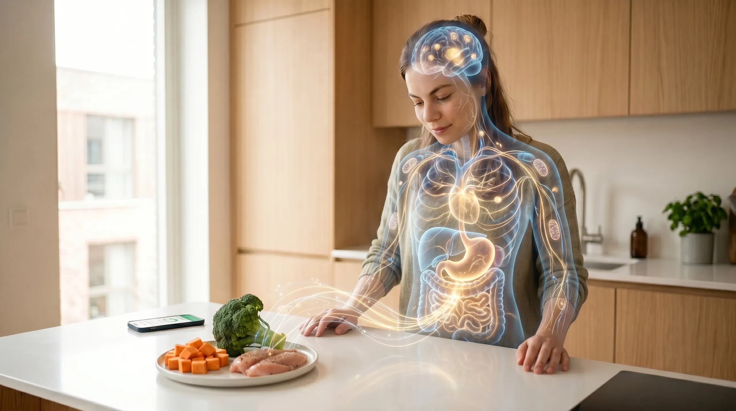 Frau steht in der Küche und man sieht ihren visualisierten Stoffwechsel