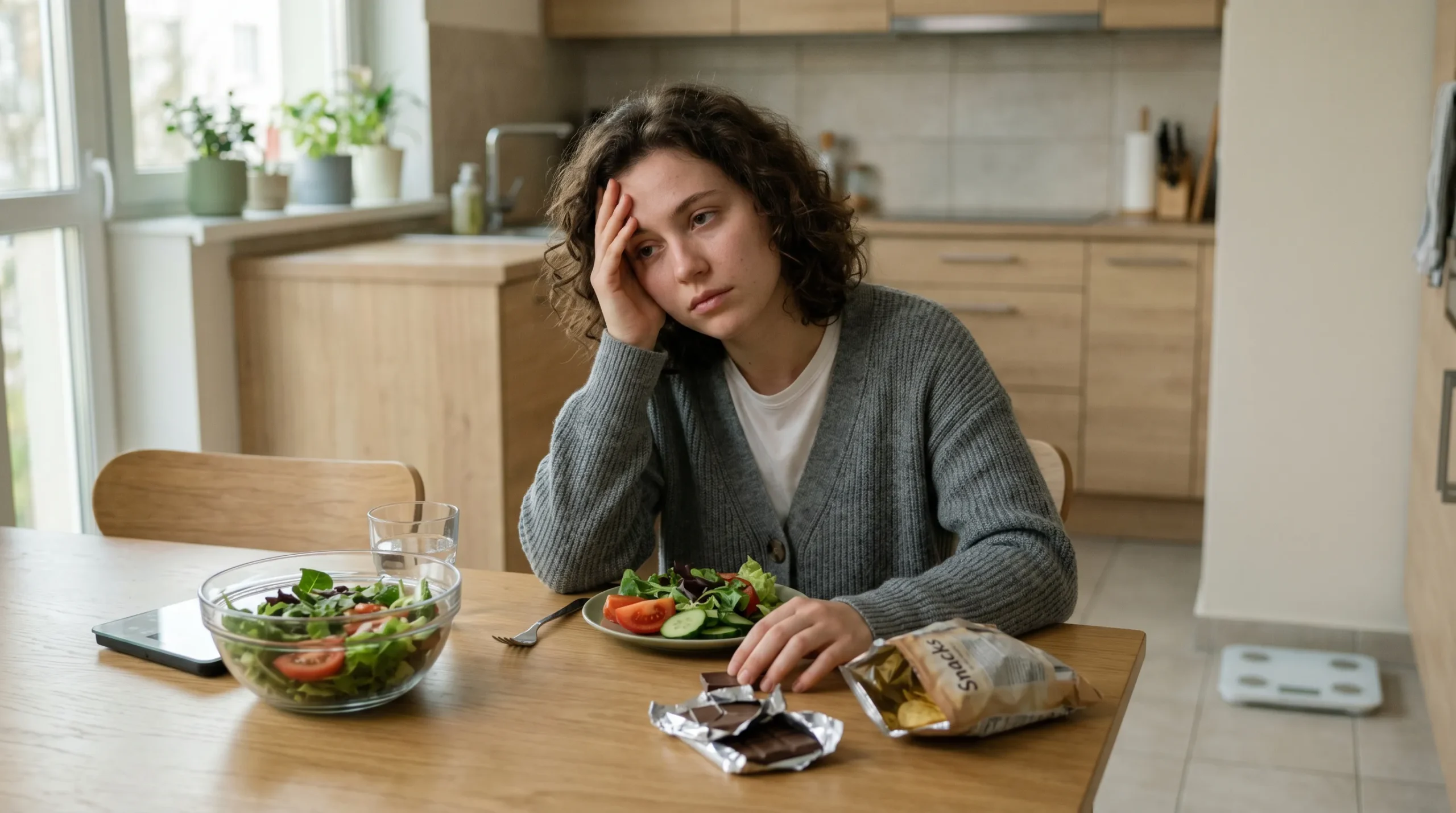 Junge Frau sitzt am Tisch wo links gesundes und rechts ungesundes Essen ist