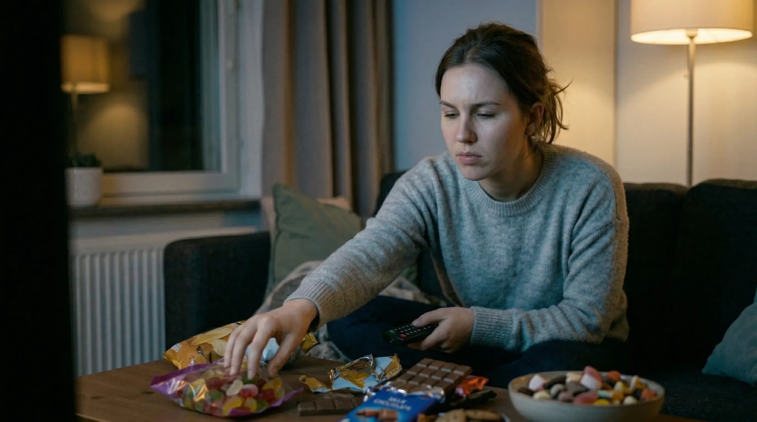 Frau sitzt auf der Couch am Abend und greift nach Snacks und hat Fernbedienung in der Hand