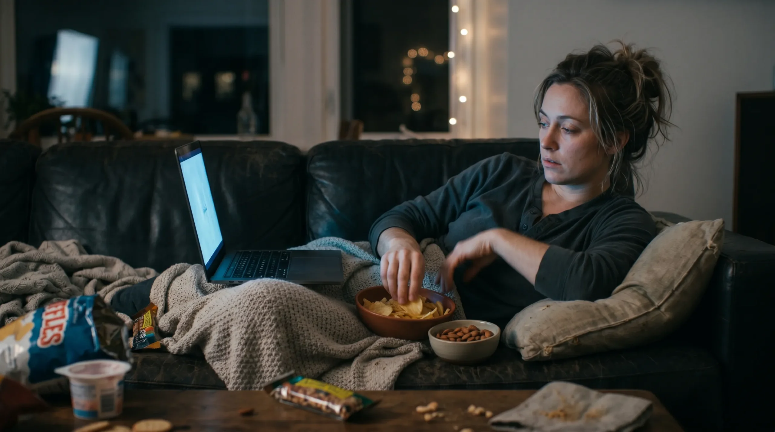 Frau liegt auf der Couch während sie snackt und am Laptop etwas schaut