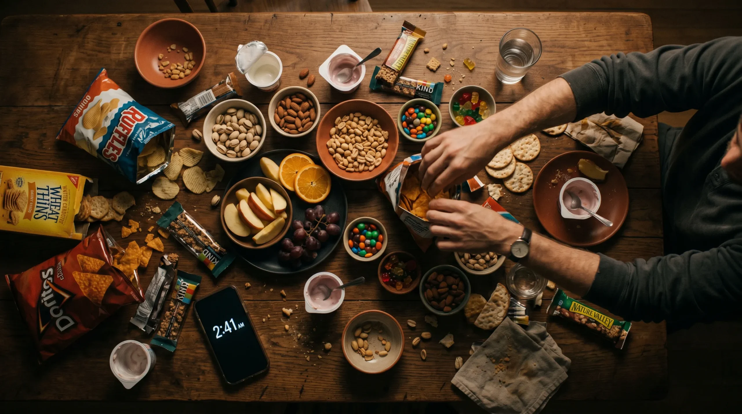 Vogelperspektive von vielen Snacks auf einem Holztsch