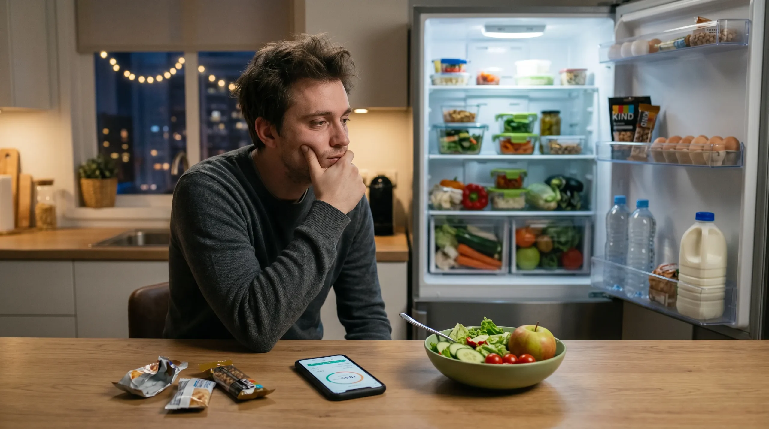 Mann sitzt vor dem Essen und denkt über Diät nach