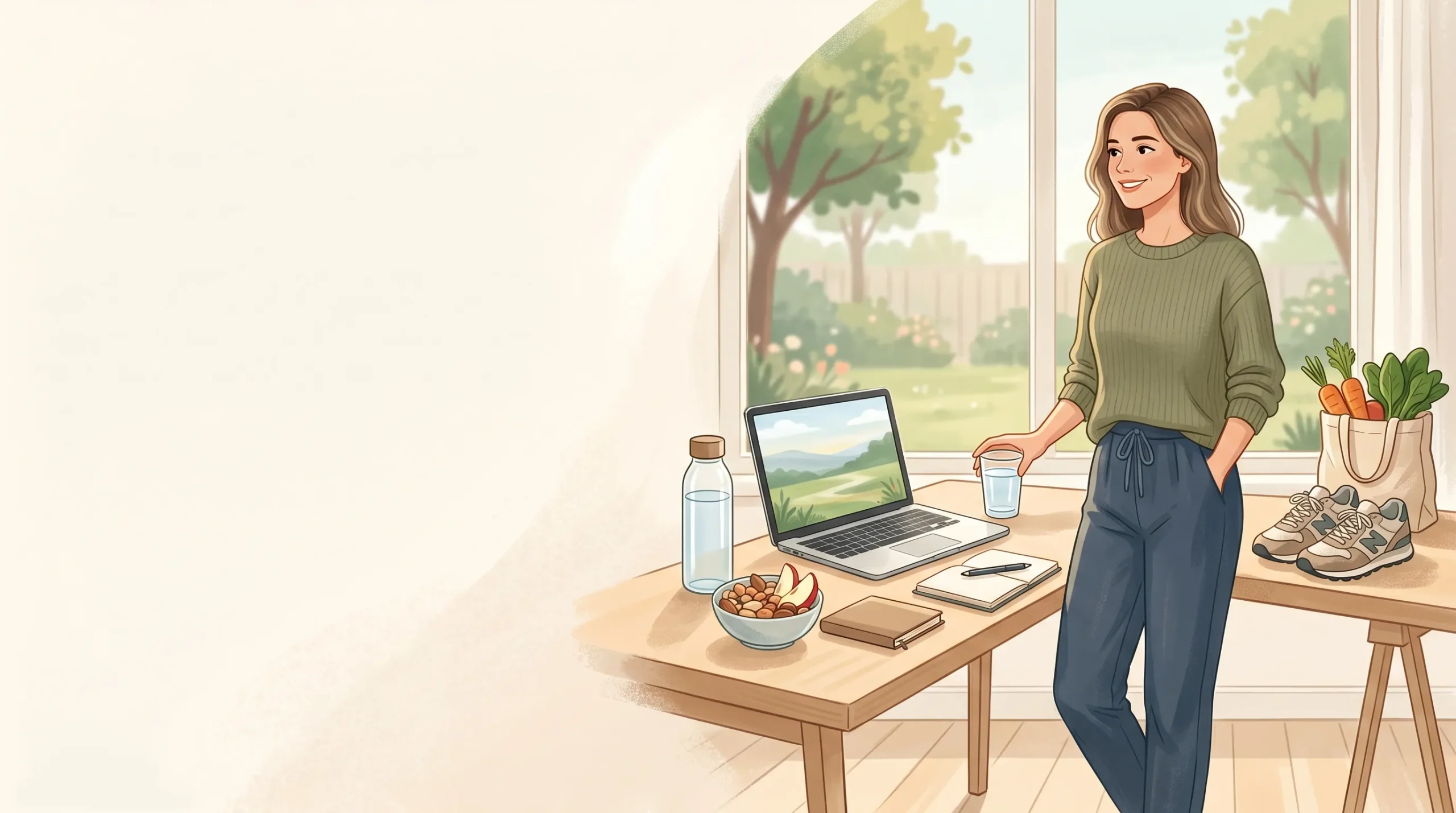 Illustration einer Frau die gesundes Essen am Tisch während ihrem Alltag hat