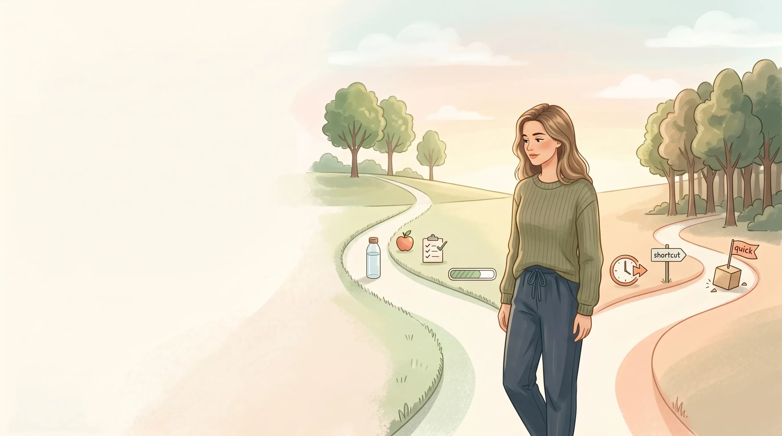 Illustration einer Frau die auf einem Weg geht der Abzweigungen hat