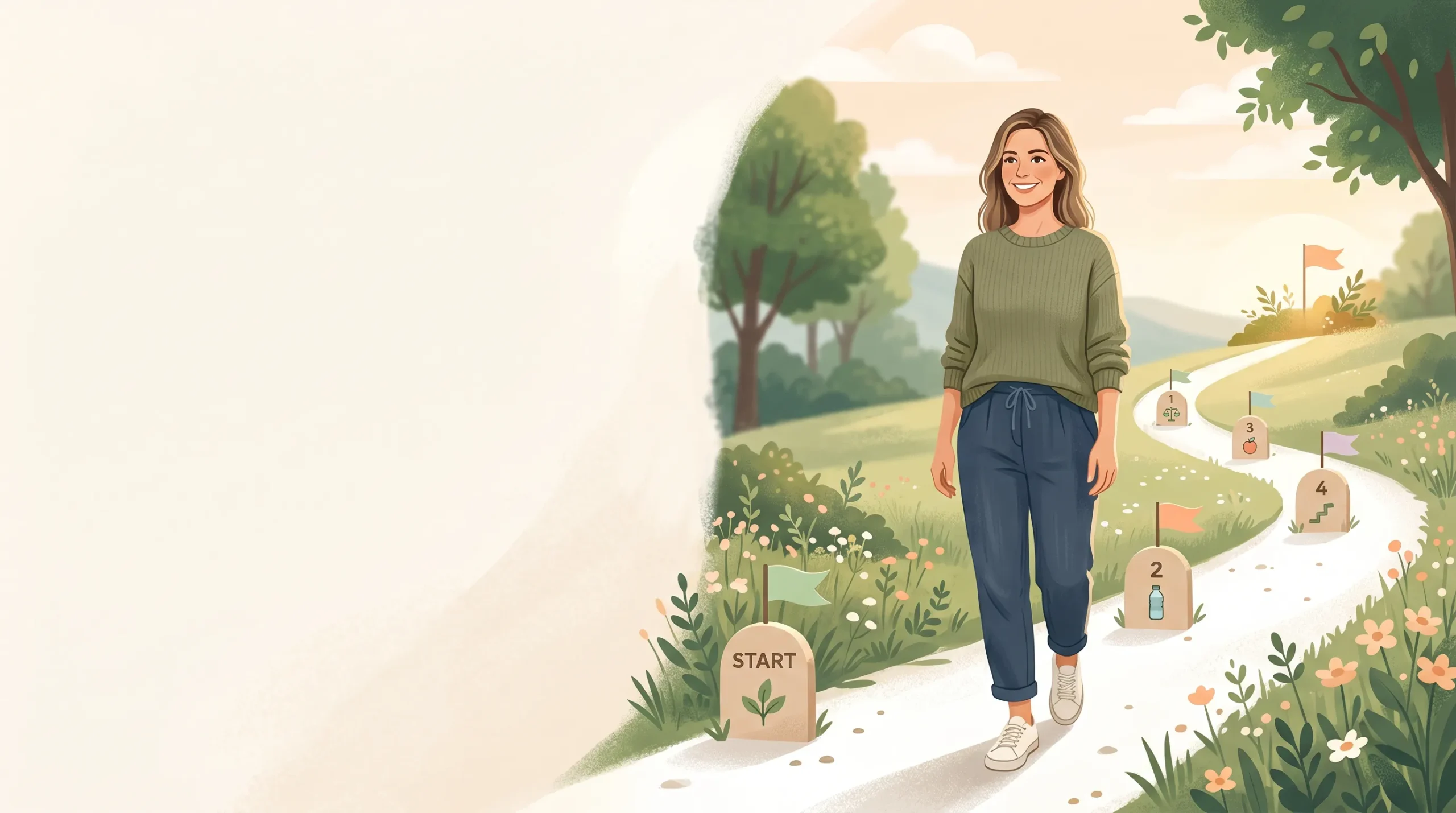Illustration einer Frau die einen Weg geht welcher realistische Ziele sybolisiert