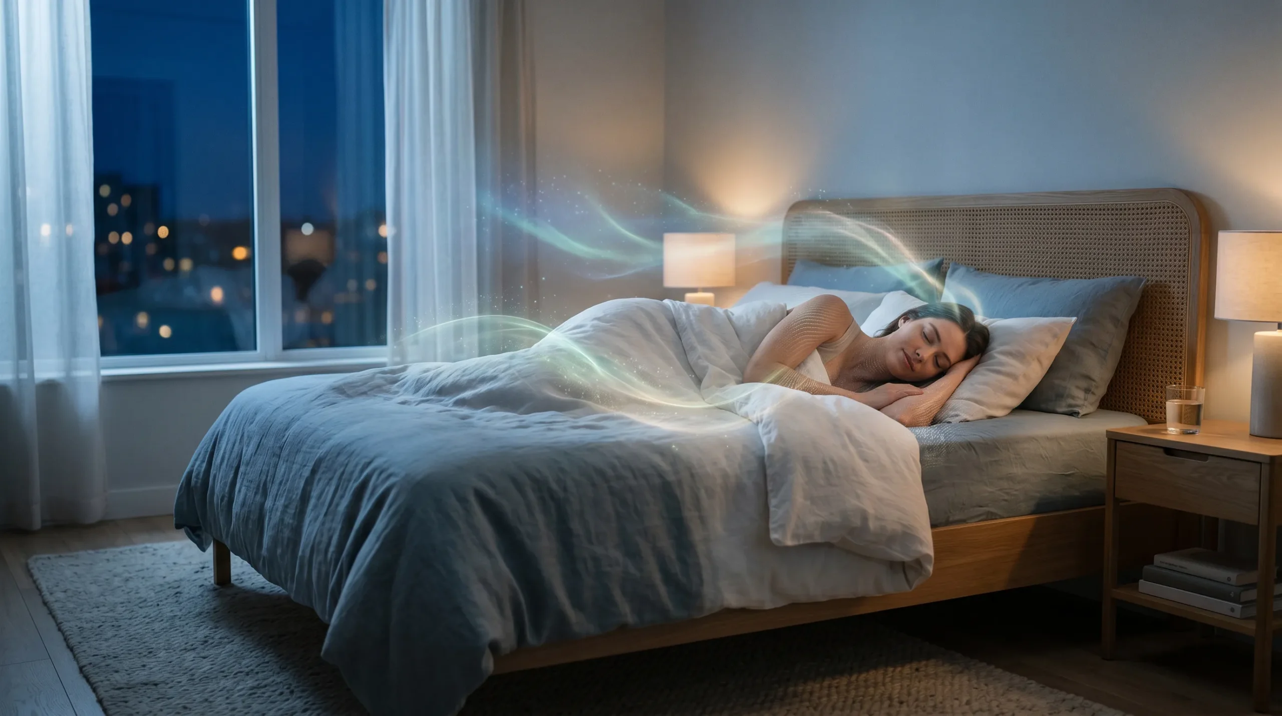 Frau liegt im Bett schlafend und Illustration ihres Stoffwechsels