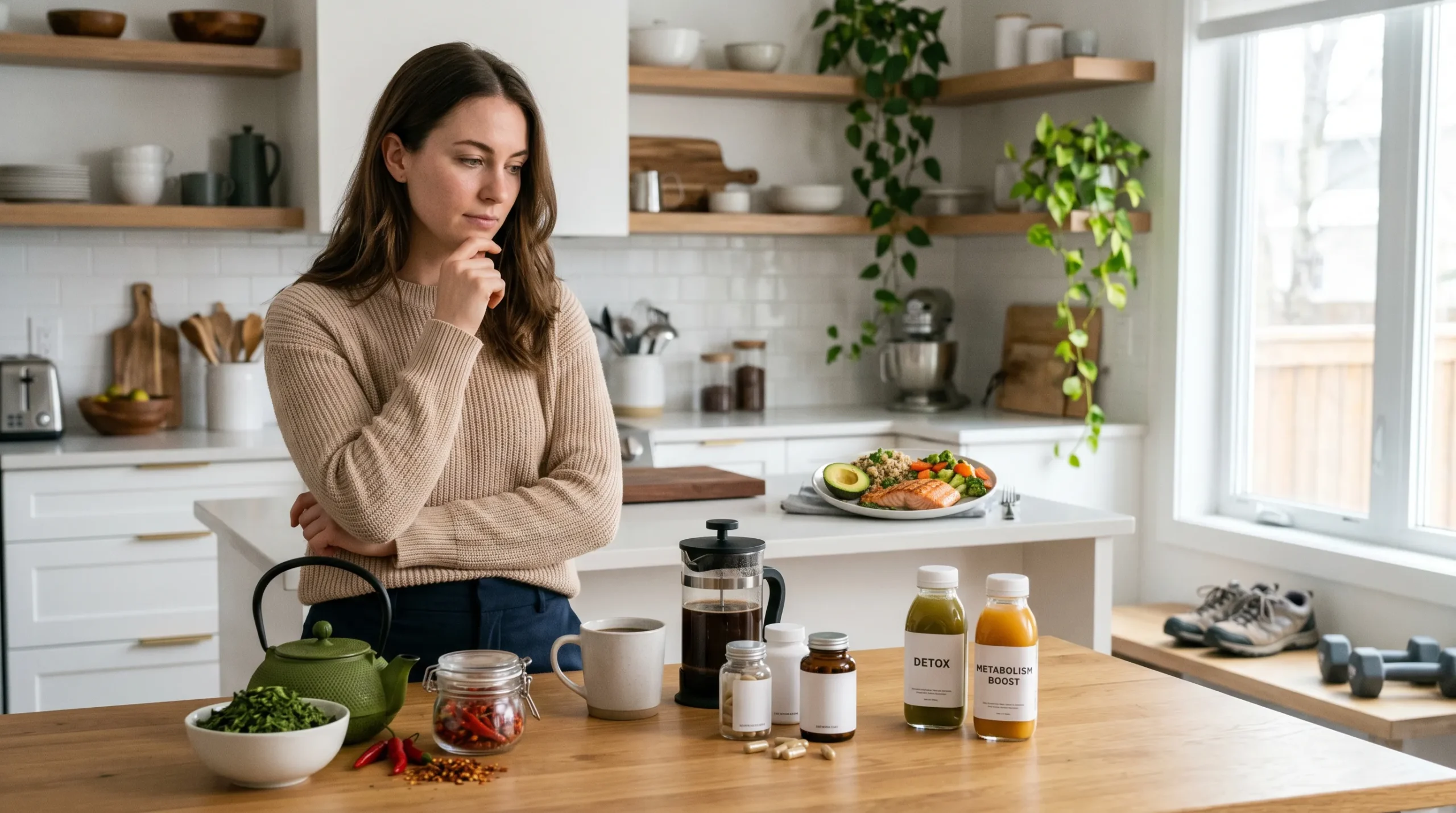 Frau in der Küche vor gesundem Essen die überlegt was sie essen sollte