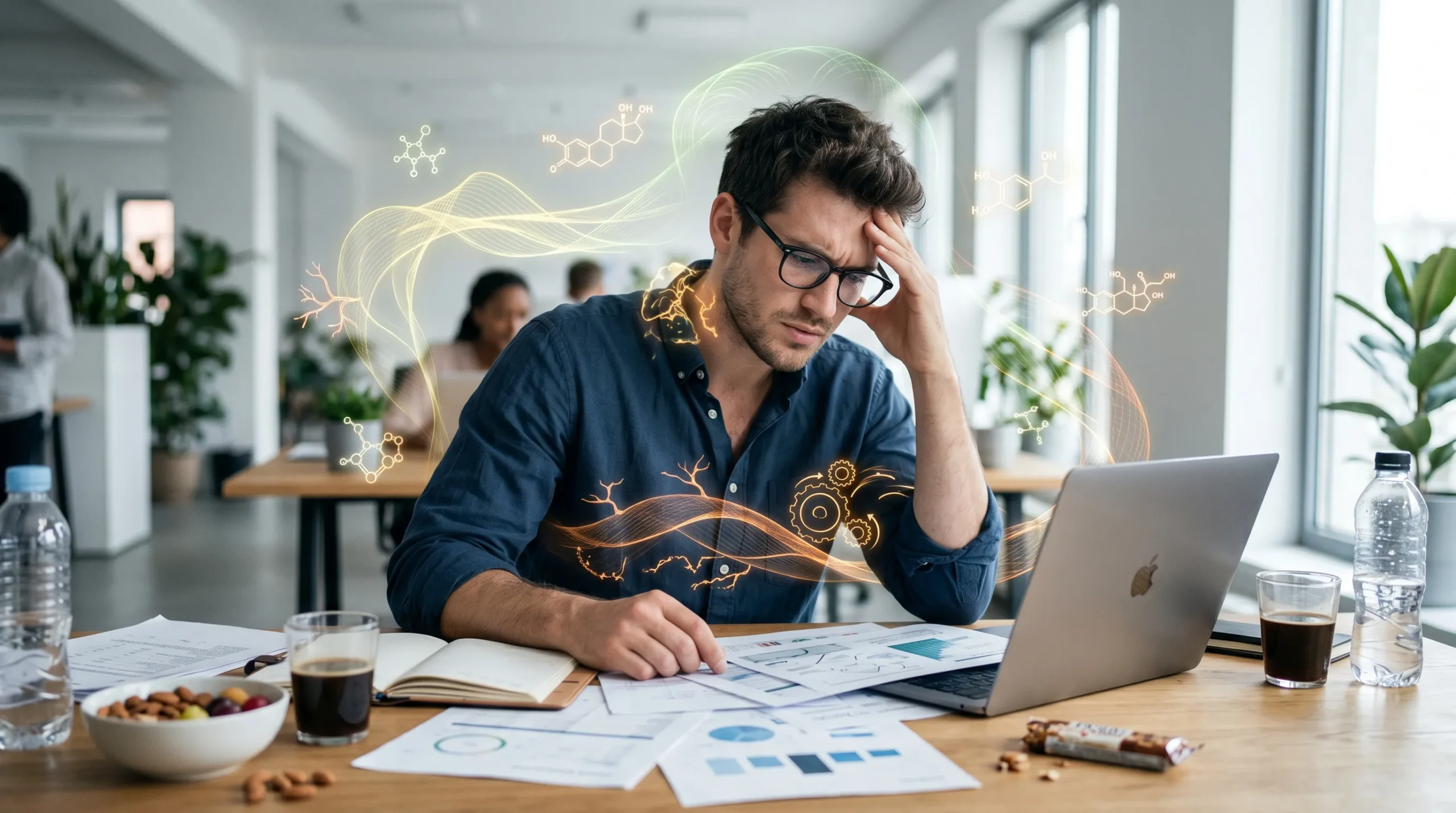 Mann im Stress im Büro vor dem Laptop