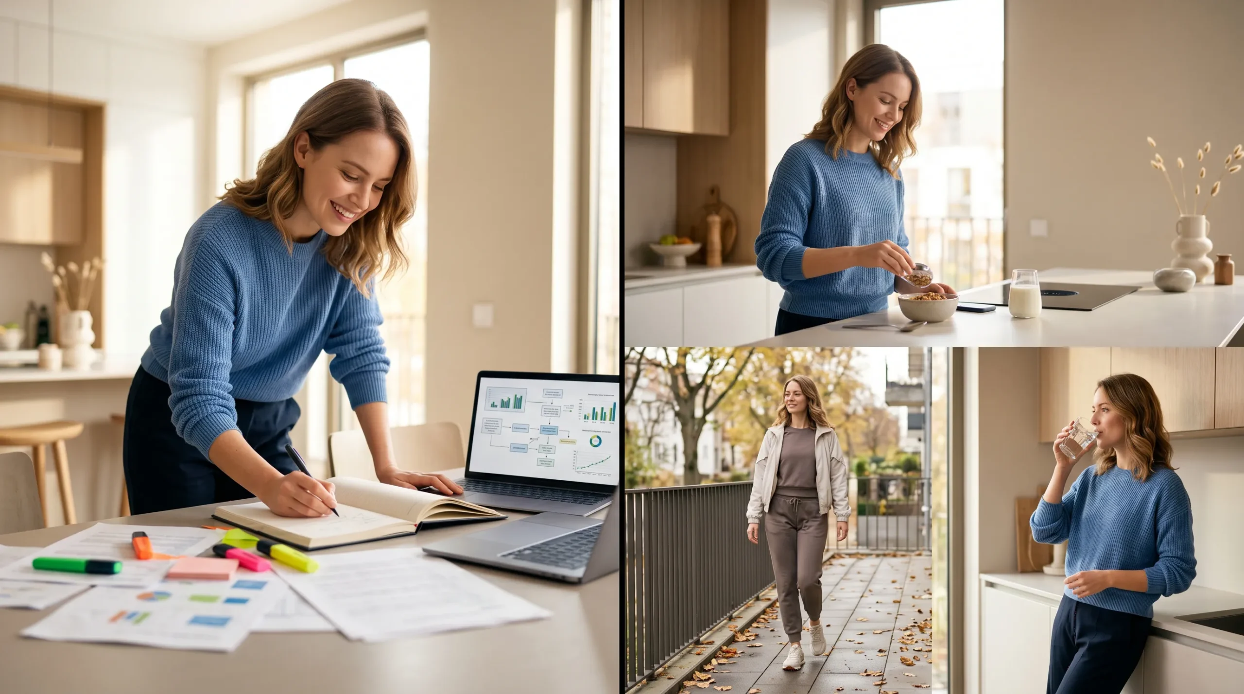 Split-screen Portrait von Frau die ihre Gewohnheiten trackt