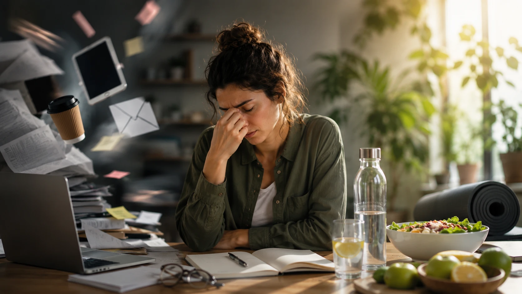 Müde Frau am Tisch mit Abbildungen von Sachen die Energie im Alltag rauben