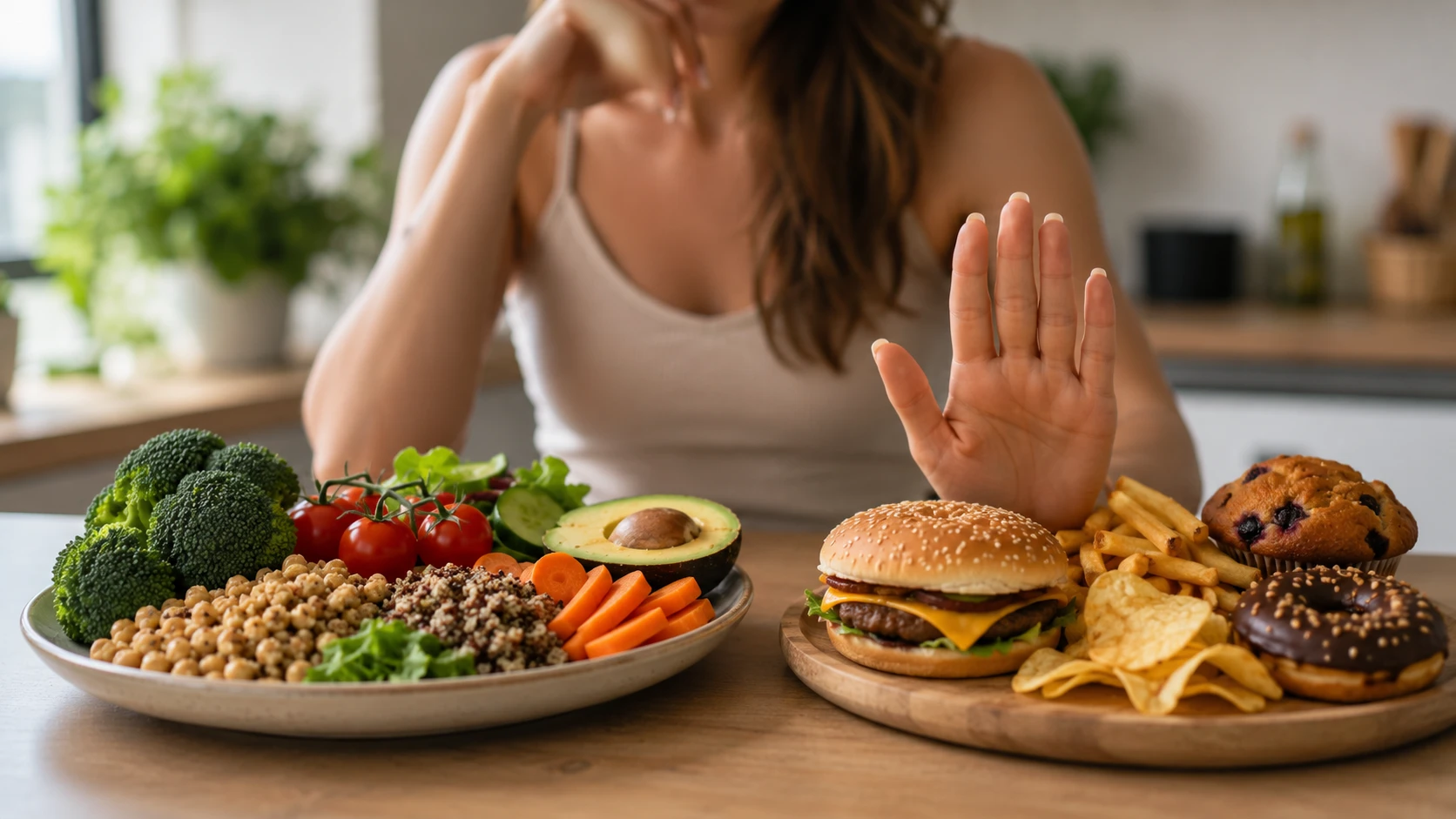 Gesundes und ungesundes Essen auf einem Tisch
