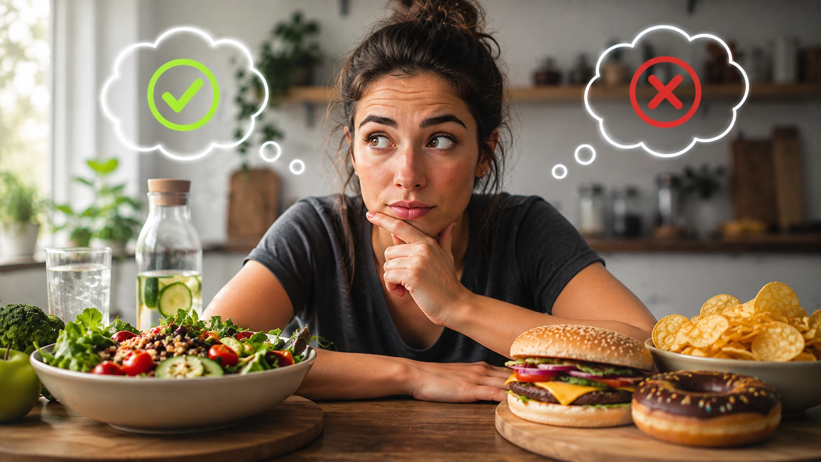 Frau entscheidet zwischen ausgewogener Mahlzeit und Fast Food als Symbol für bewusste Entscheidungen beim Essen im Alltag.