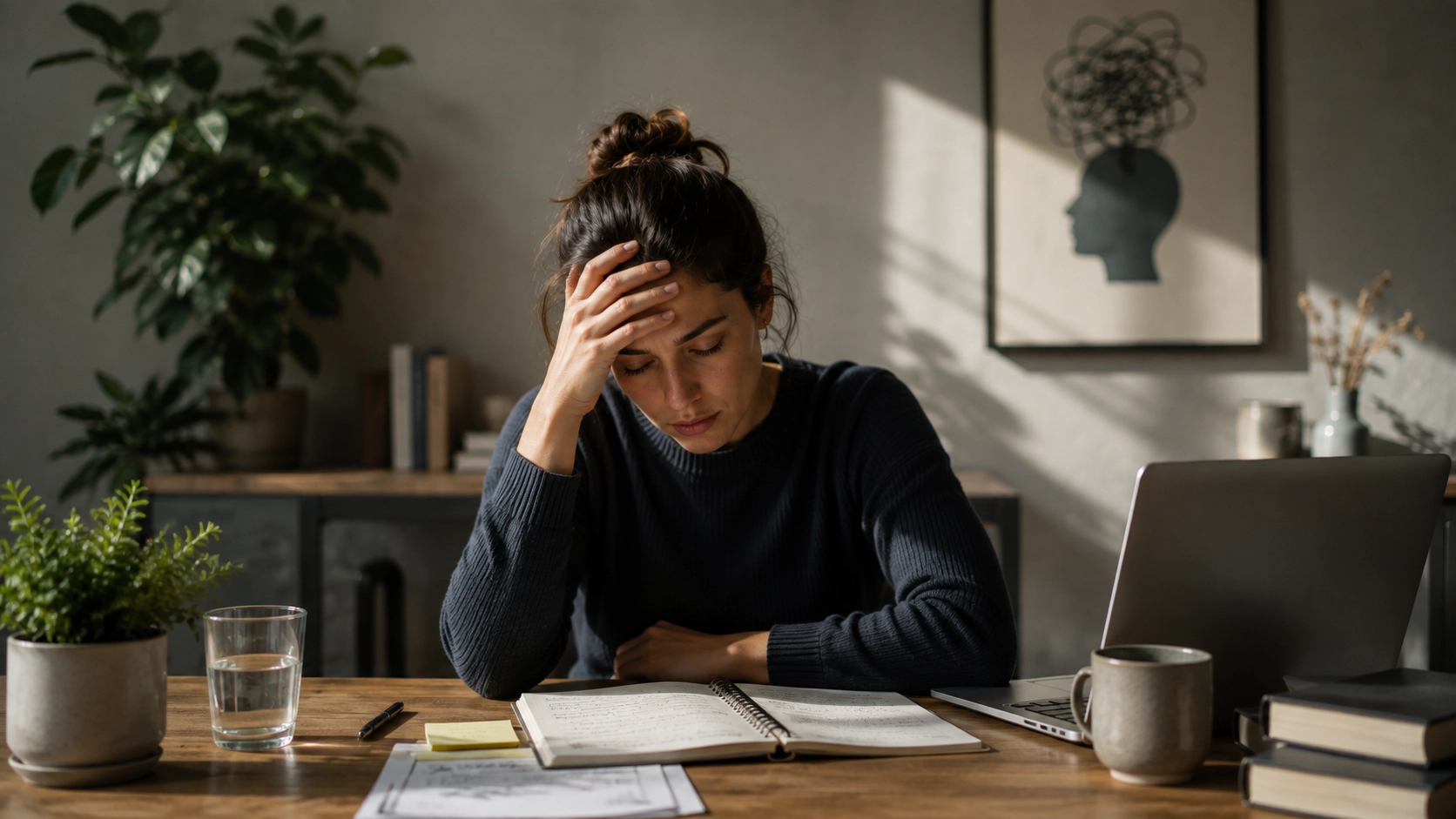 Gestresste Frau am Schreibtisch als Symbol für Cortisol, Stress und anhaltende Belastung im Alltag.