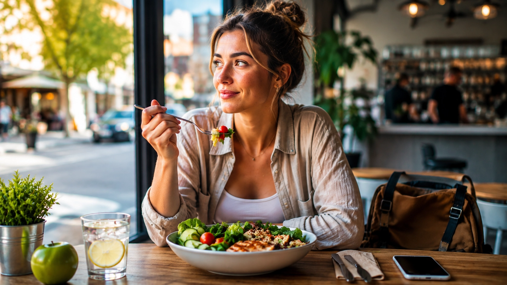 Frau genießt eine ausgewogene Mahlzeit im Restaurant als Symbol für bewusste Ernährung unterwegs und außer Haus.