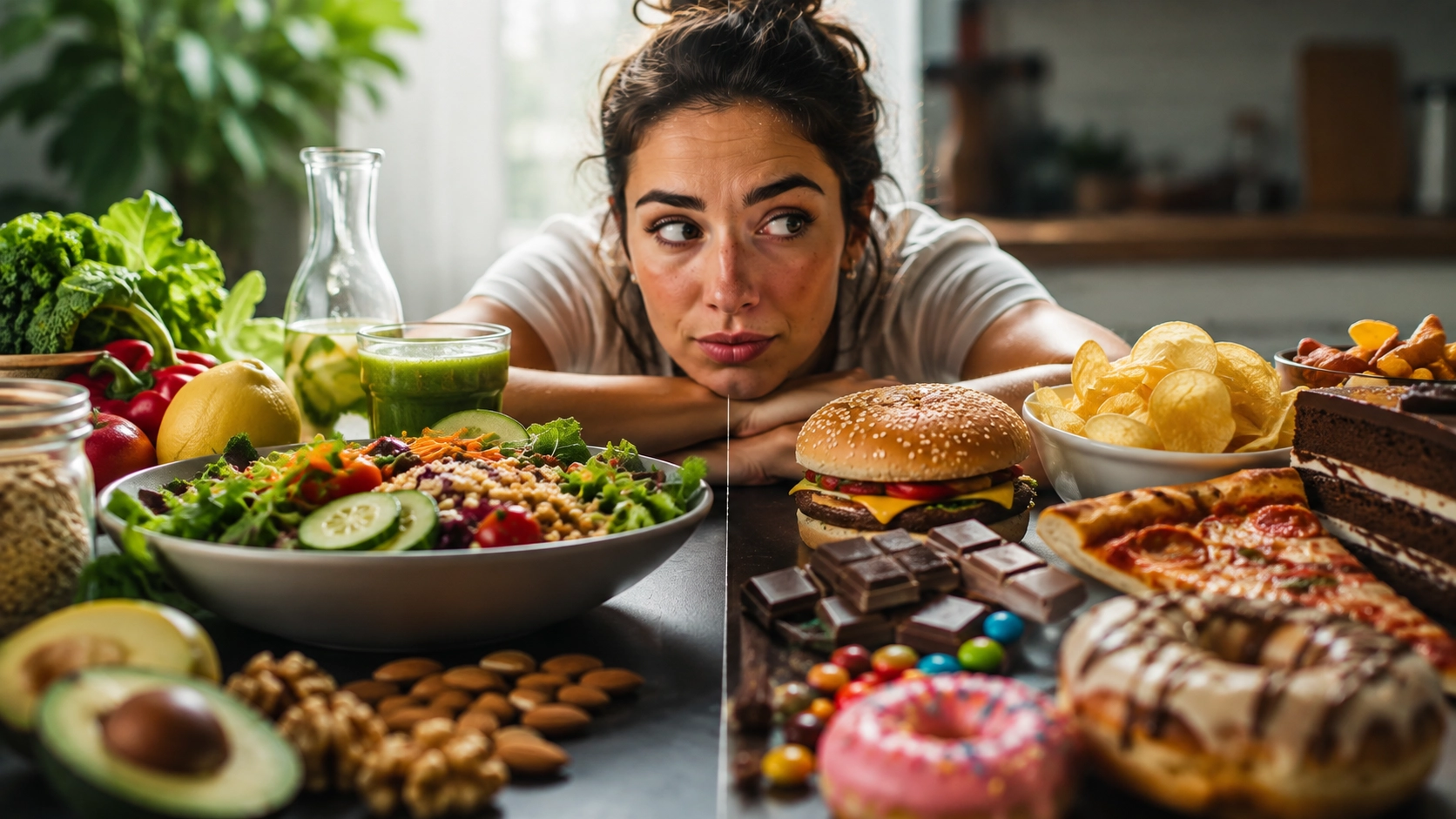 Frau zwischen ausgewogenen Lebensmitteln und Fast Food als Symbol für gesunde Ernährung und verbreitete Ernährungsmythen.