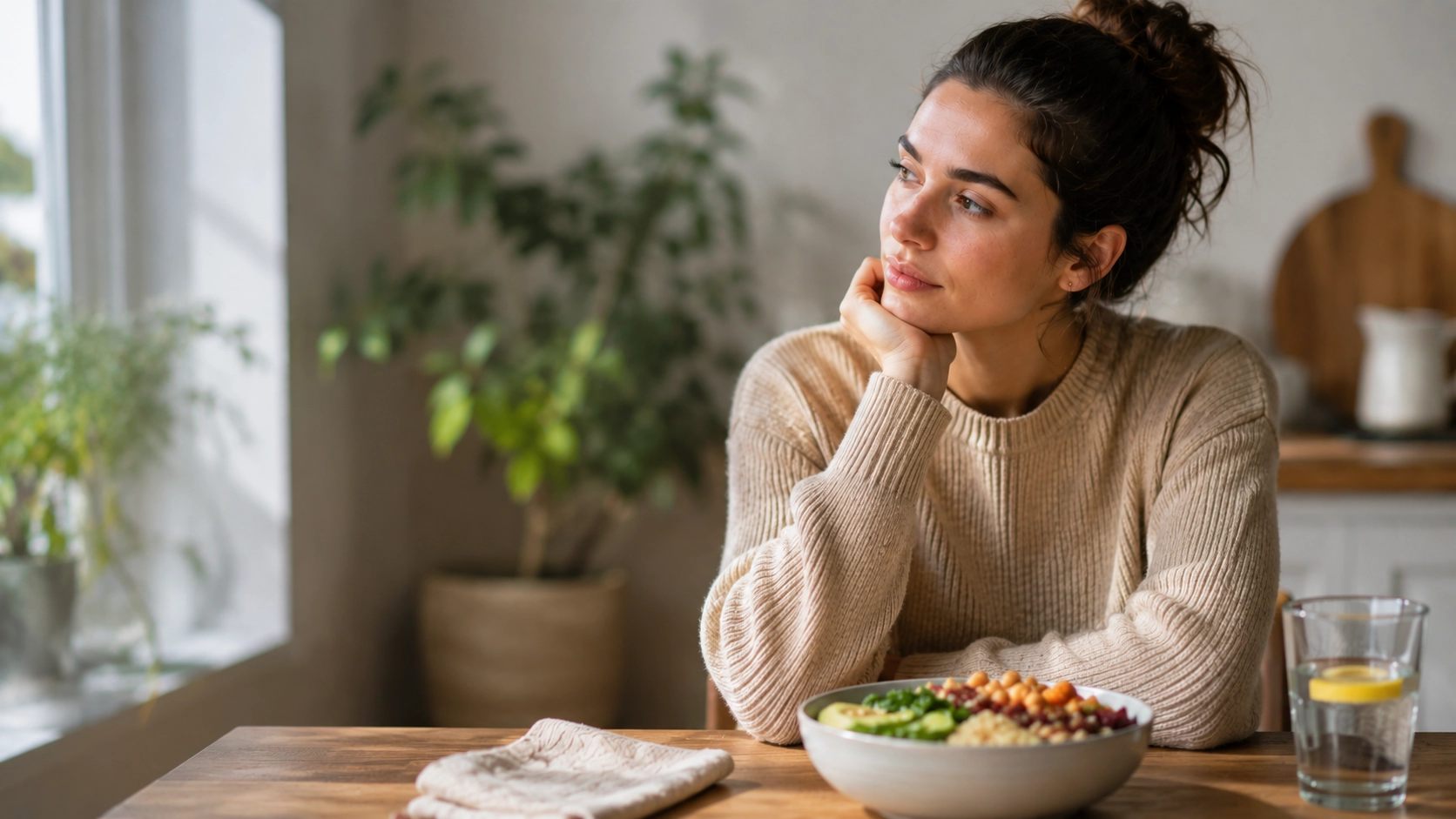 Nachdenkliche Frau vor einer ausgewogenen Mahlzeit zum Thema Hungerhormone, Ghrelin und Leptin.