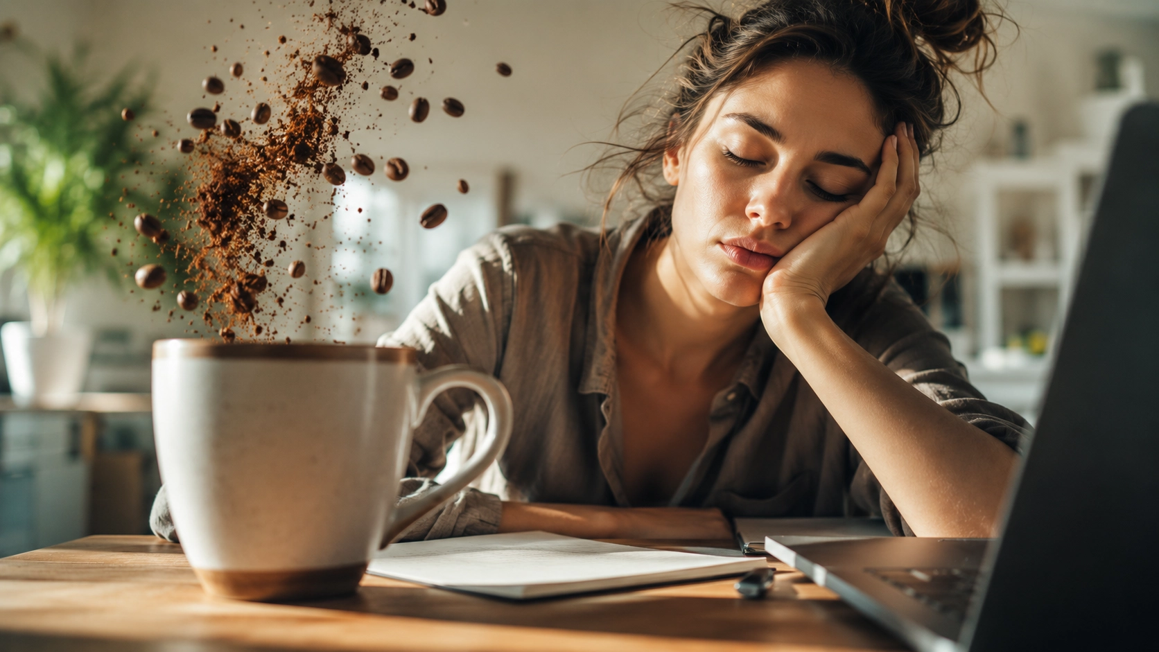 Müde Frau am Schreibtisch mit einer Tasse Kaffee als Symbol für Koffein, Müdigkeit und kurzfristige Wachheit.