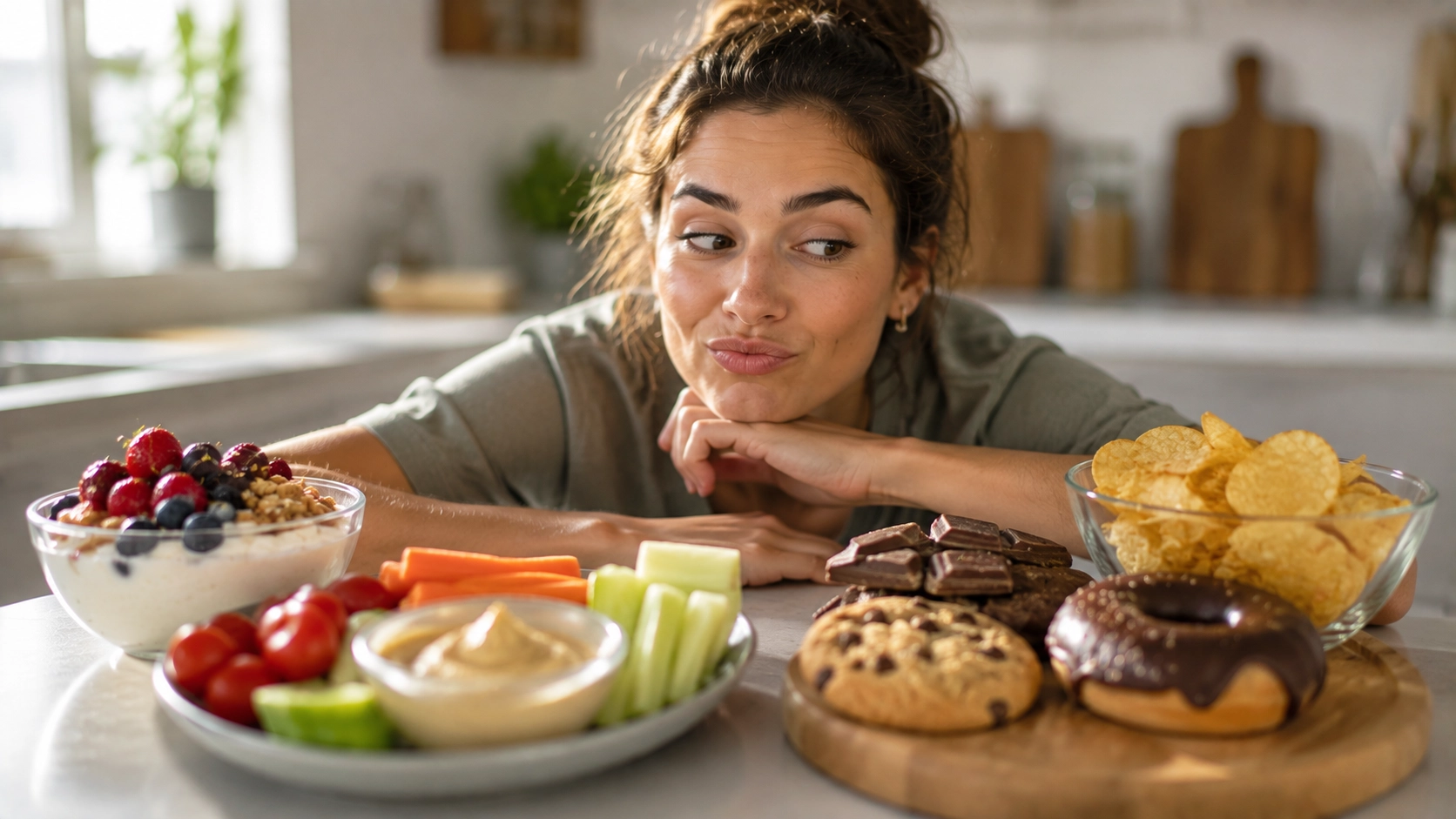 Frau wählt zwischen gesunden Snacks und Süßigkeiten als Symbol für bewusste Snackentscheidungen im Alltag.