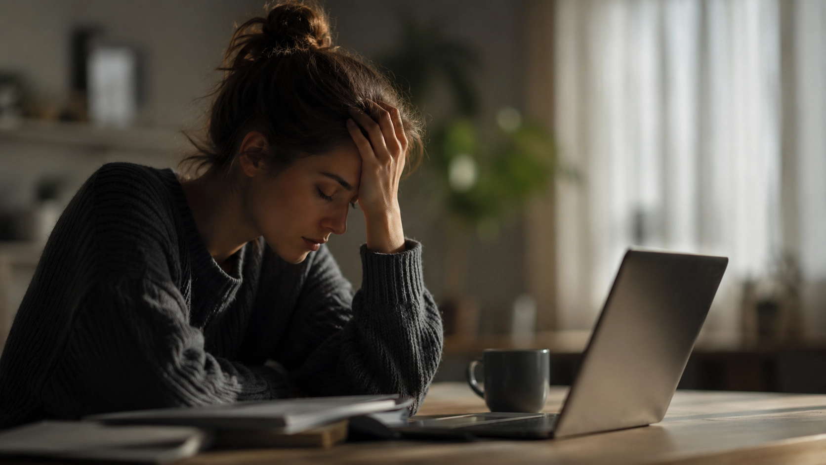 Erschöpfte Frau am Laptop als Symbol für Stress, Müdigkeit und ein niedriges Energielevel im Alltag.