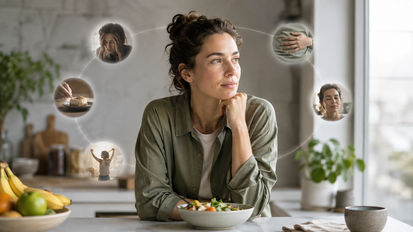 Frau sitzt nachdenklich mit einer gesunden Mahlzeit in einer modernen Küche, umgeben von visuellen Symbolen für Hunger, Stress, Bewegung und Entspannung.