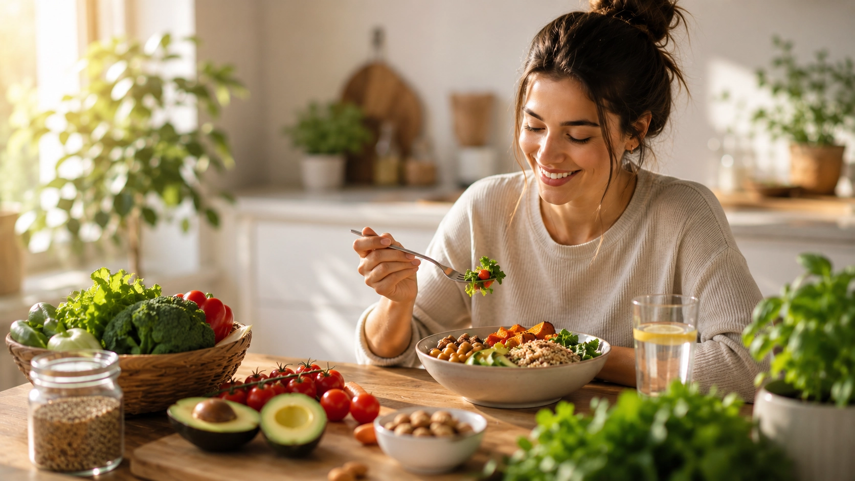 Frau genießt eine ausgewogene Mahlzeit mit frischem Gemüse als Symbol für gesunde Ernährung und mehr Energie im Alltag.