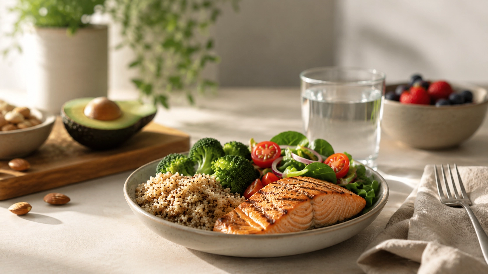 Ausgewogene Mahlzeit mit Lachs, Gemüse und Vollkornprodukten zum Thema Insulin und Energiespeicherung im Körper.