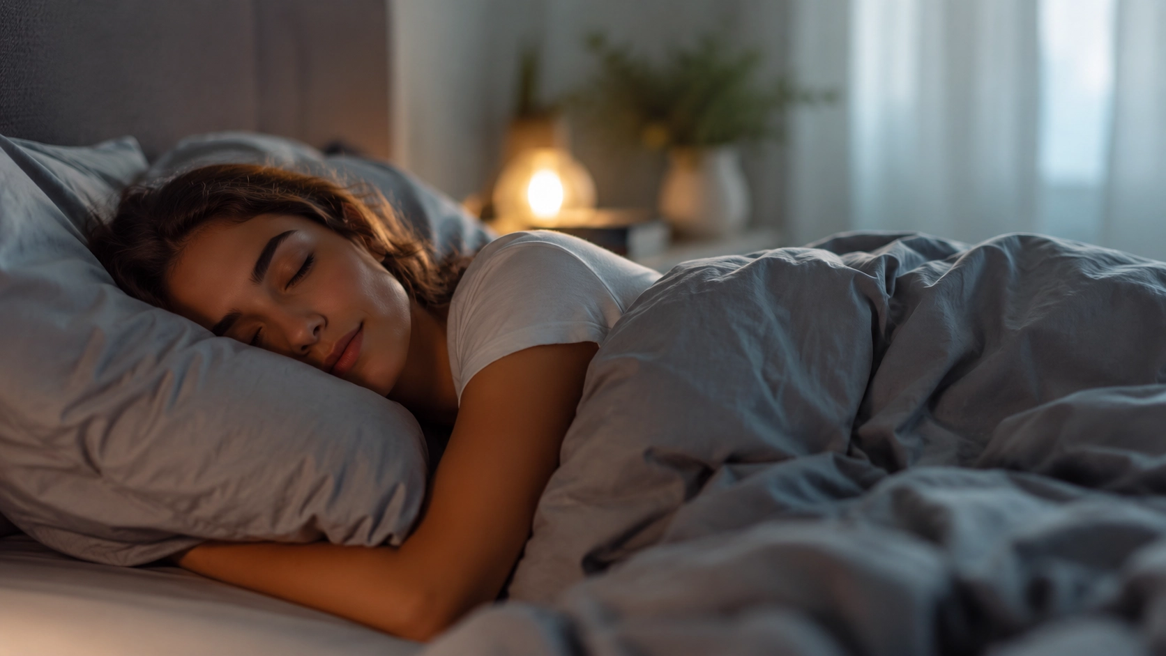 Schlafende Frau in einem ruhigen Schlafzimmer zum Thema Schlafqualität, Erholung und Energie im Alltag.